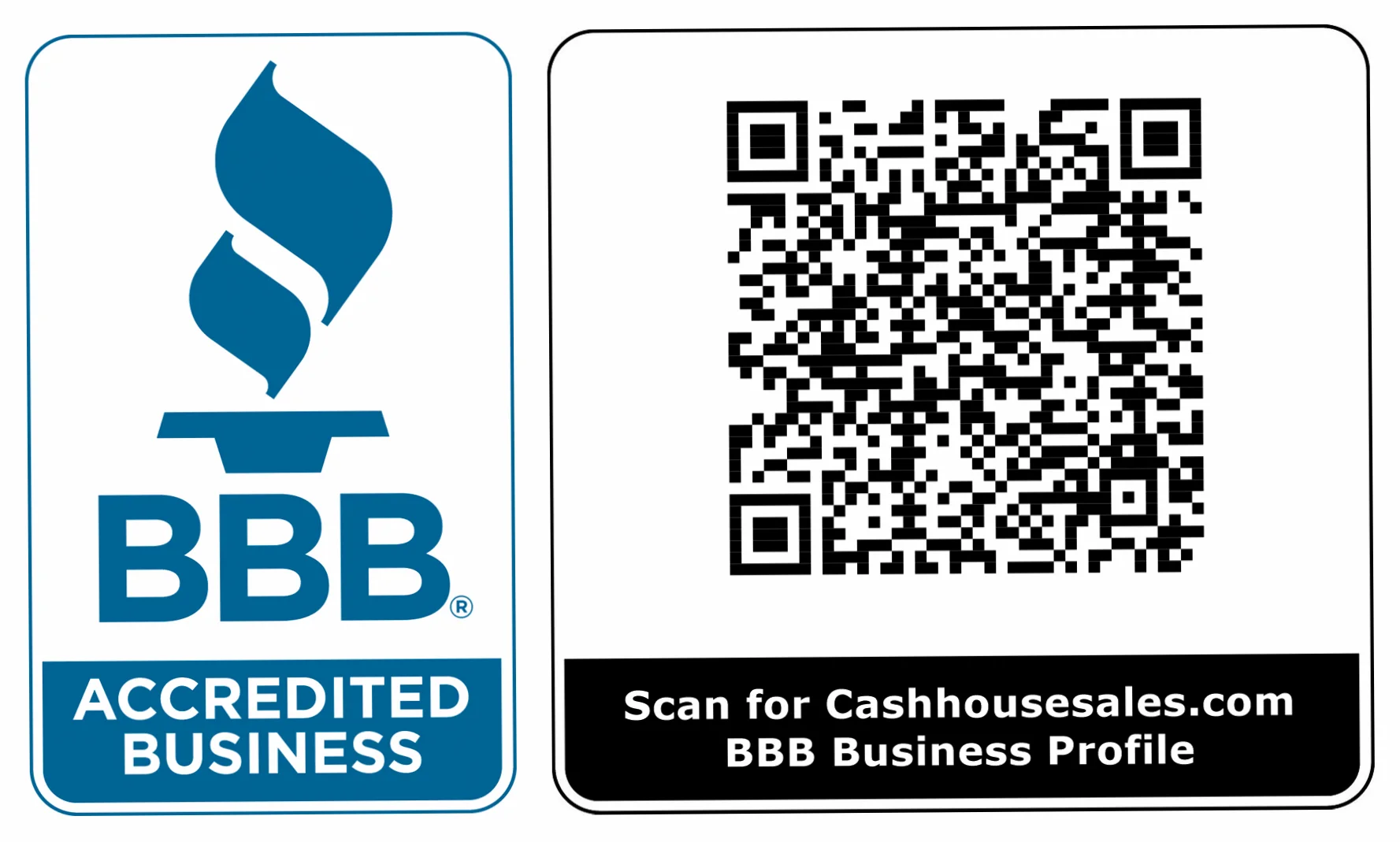 BBB Logo and QR Code - Cashhousesales.com Home Buying BBB Profile link