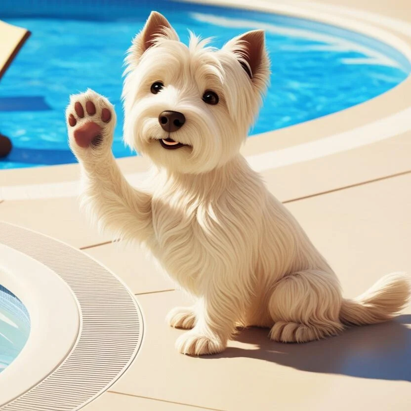 Westie dog by pool - Cash Buyer Friendly